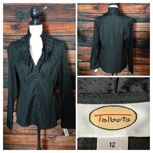 NWT Talbots Blouse Top 12 Black Victorian Ruffle Button Front 100% Cotton